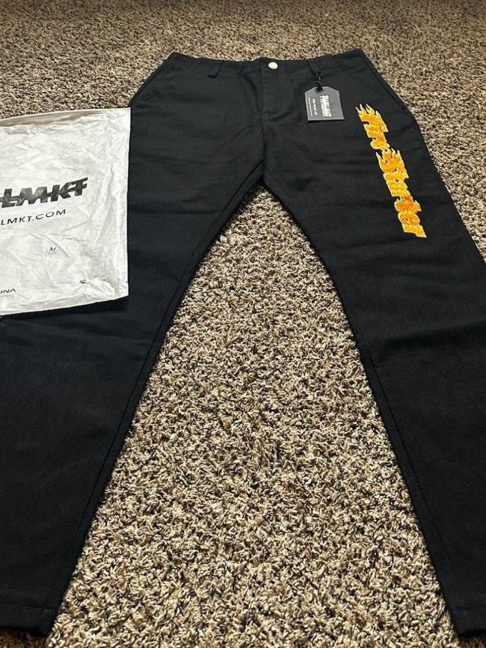 Men's Slim Black Jeans with Yellow Logo Detail